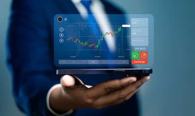 Digital investment platforms, Analyzing technical price charts, Investors show virtual screen stock market index chart to track stock market performance and Identify global investment opportunities