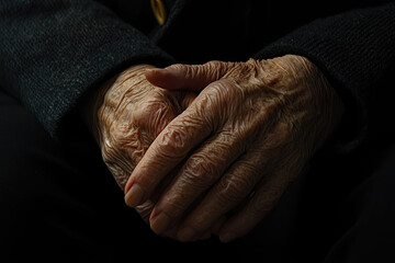Fototapeta premium Close-up of an elderly person’s hands clasped together, showing signs of a long life lived