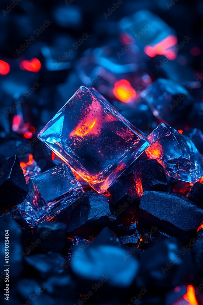 Poster stirring contrast of ice cubes on dark textured surface with illuminated background, creating a capt