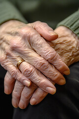 Fototapeta premium Close-up of an elderly person’s hands clasped together, showing signs of a long life lived