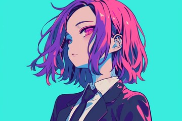 Stylish Anime Girl with Pink Hair in a Suit, Cyberpunk Art. Minimalist Anime Illustration.