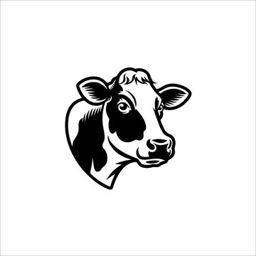 Black and White Cow Head Vector Illustration, Hand Drawn Farm Animal Portrait, Minimalist Livestock Icon Isolated on White Background