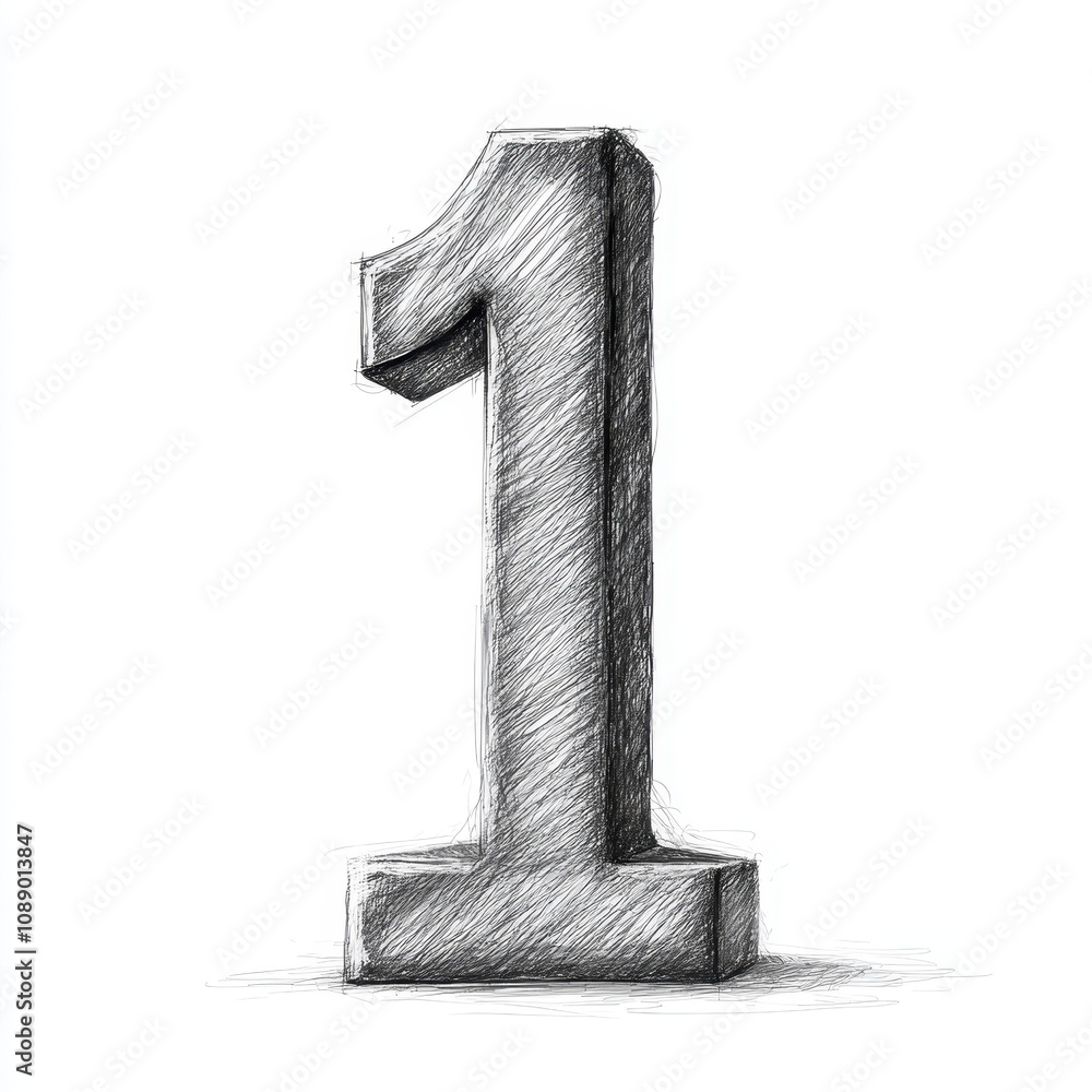 Poster a three-dimensional sketch of the number one, emphasizing depth and shading.