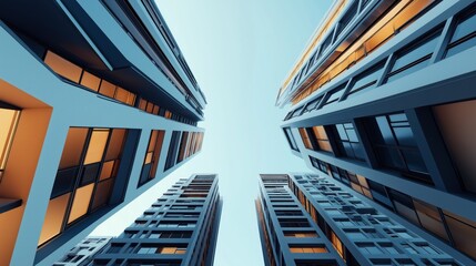 Fototapeta premium Upward view of modern high-rise buildings with reflective windows under a clear blue sky