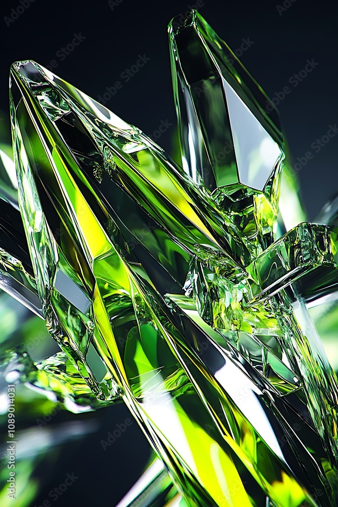 Poster stunning close-up of sharp, radiant green crystal structures highlighting transparency and light ref