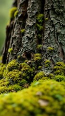 Close-up view reveals vibrant green moss flourishing on tree bark in a forest during daylight