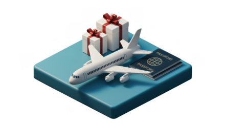 Air travel and gift concept with airplane, passports, and presents