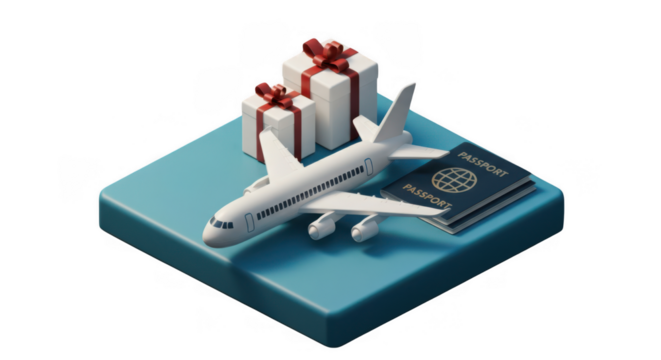 Air travel and gift concept with airplane, passports, and presents