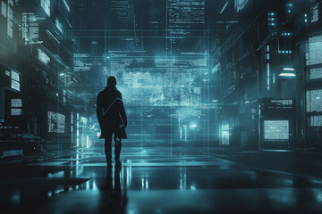 Obraz premium silhouette of person walking between information holograms