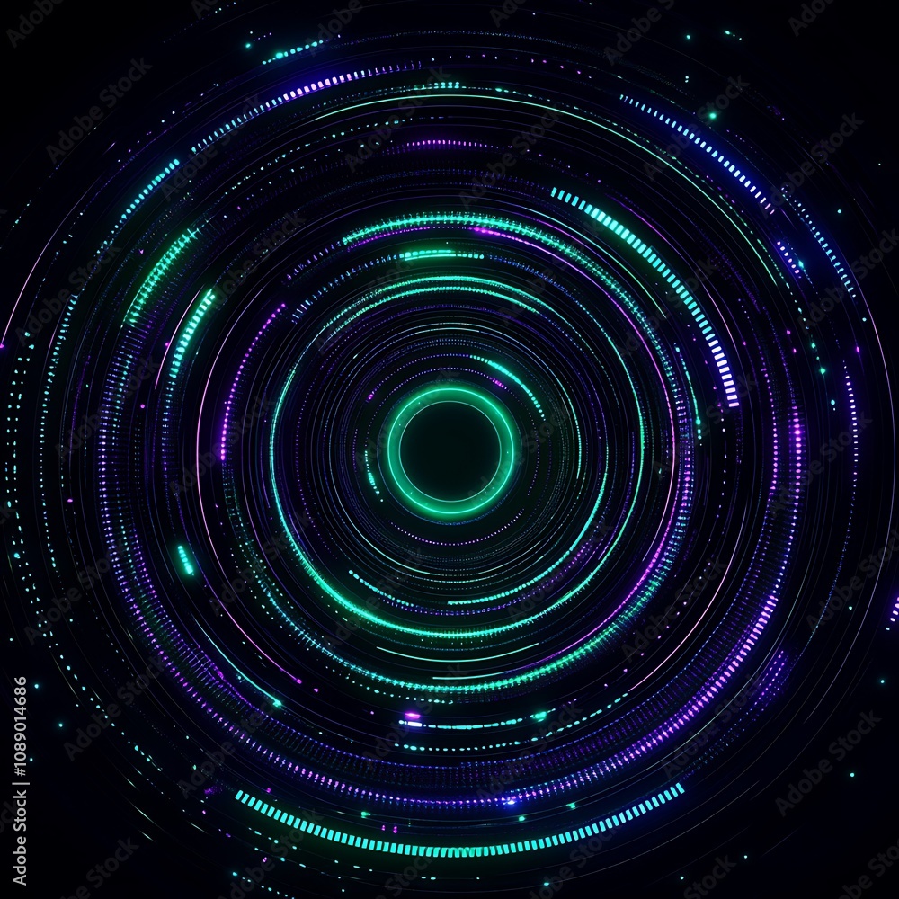 Poster vibrant abstract circular pattern with neon circles and light trails in dark background for futurist