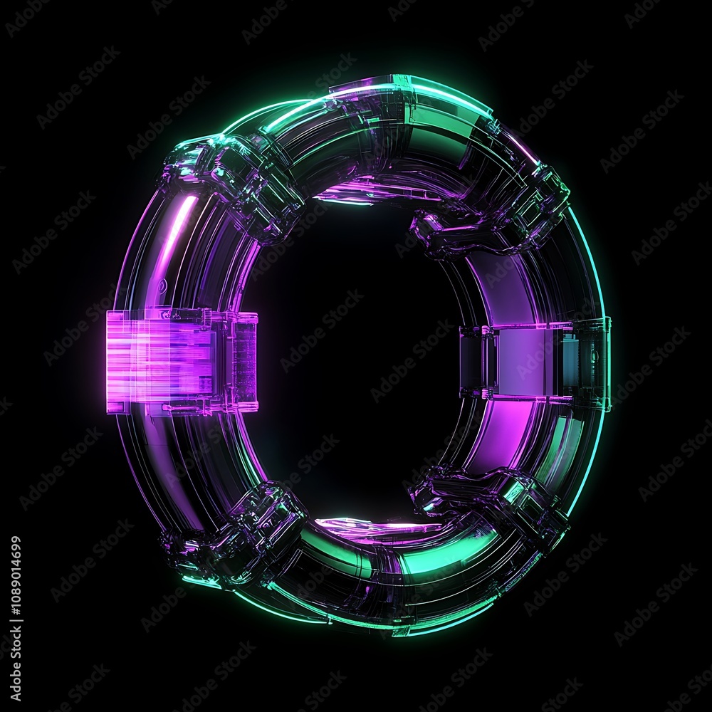 Poster vibrant abstract circular shape with neon colors in a dark background, illustrating modern design an