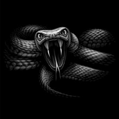 Monochrome portrait of a snake on a black background. 