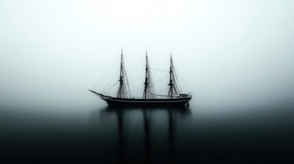 Silhouette of a three-masted ship in misty waters with a reflection on the calm surface, creating a serene and mysterious atmosphere.