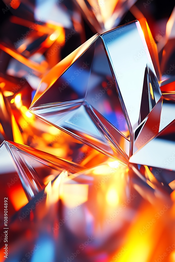 Poster vibrant abstract composition of multi-faceted crystals reflecting light in brilliant hues of orange 