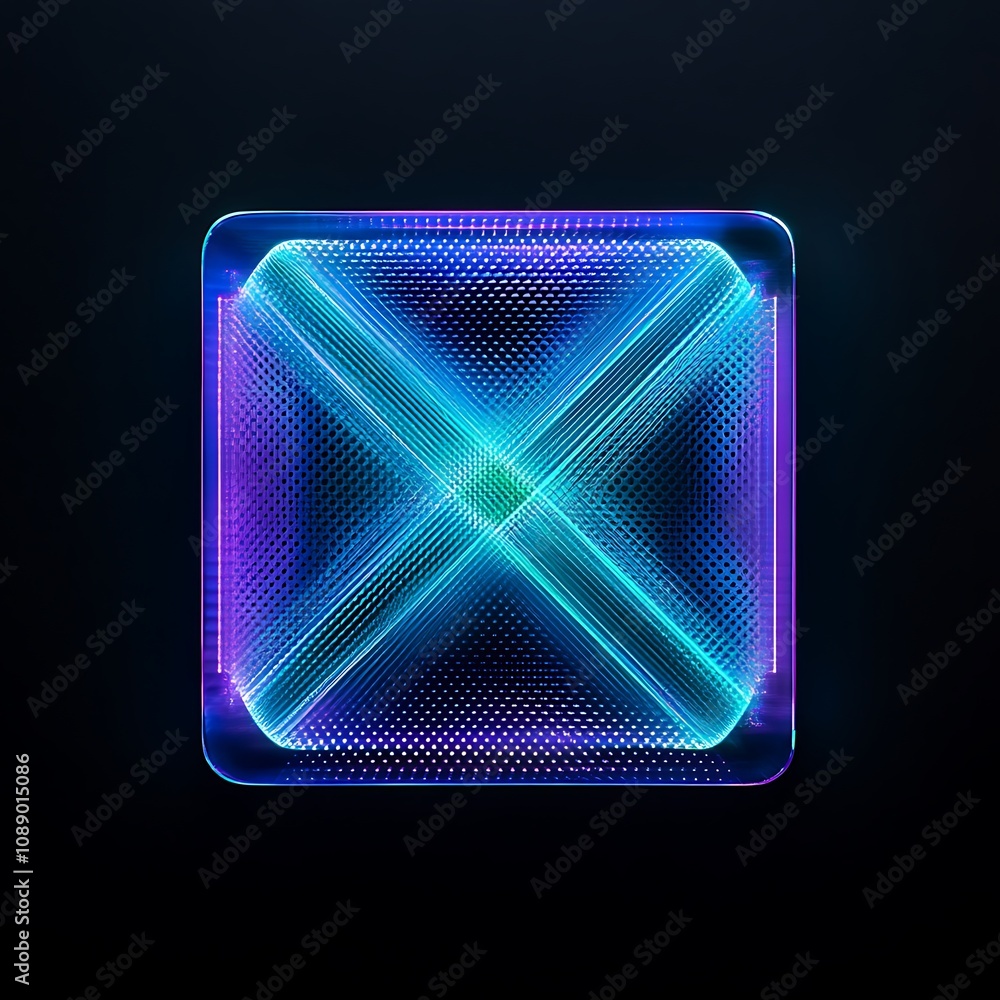Poster vibrant abstract digital geometric shape with neon lights and dotted texture on a dark background fo