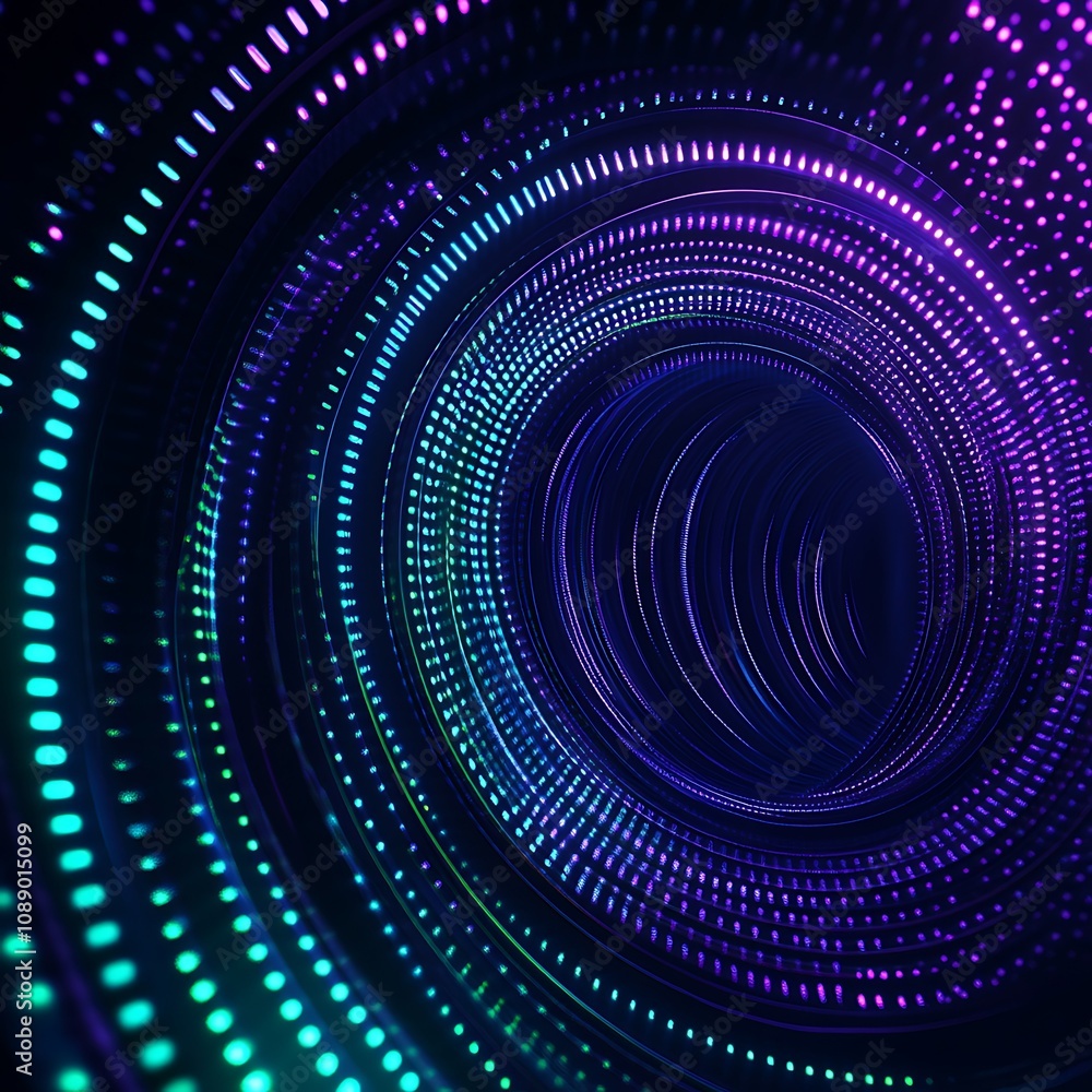 Poster vibrant abstract digital tunnel with colorful circular patterns and dynamic light display, perfect f