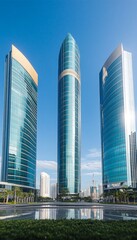 Fototapeta premium Modern Skyscrapers Dominate the City Skyline A Low-Angle Perspective on a Bright, Sunny Day.