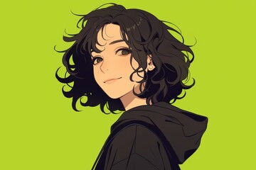 Charming Anime Girl with Curly Hair and Hoodie. Minimalist Anime Illustration.