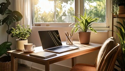 Fototapeta premium Modern remote work setup with laptop, small desk, cozy chair, sunlight, indoor plants, coffee.