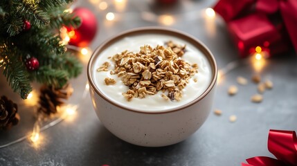 Ceramic bowl yogurt granola and nuts, plain table christmas tree ornament lights red ribbon cinnamon stick, clean minimalist cozy winter breakfast Christmas atmosphere	
