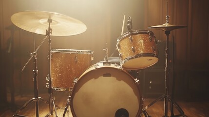 Vintage drum kit on stage with soft lighting.