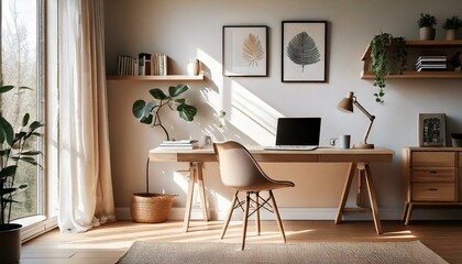 Fototapeta premium A cozy and modern home office setup with a minimalist design, work from home..