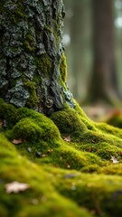 Obraz premium Lush moss blankets a tree base in a tranquil forest scene during the autumn season