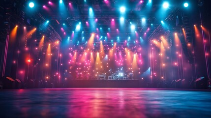 Vivid stage lighting illuminates an empty concert stage, ready for a performance.