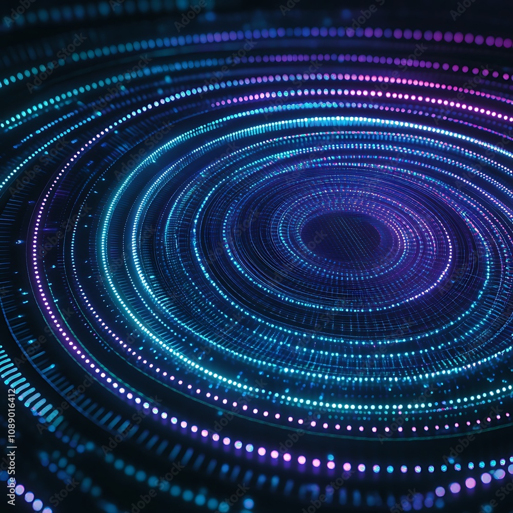 Poster vibrant circular patterns of light and color swirling in an abstract digital cosmos representing tec