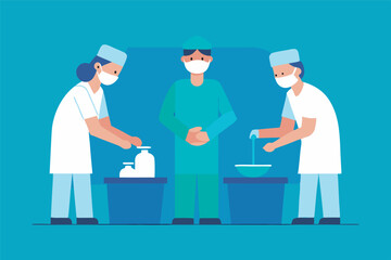 Three medical professionals in uniforms and masks demonstrate proper hand washing around basins with soapy water.