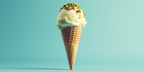 Gałka lodów pistacjowych o aksamitnej konsystencji, z chrupiącymi pistacjami na wierzchu, w rożku waflowym, na intensywnie niebieskim tle.