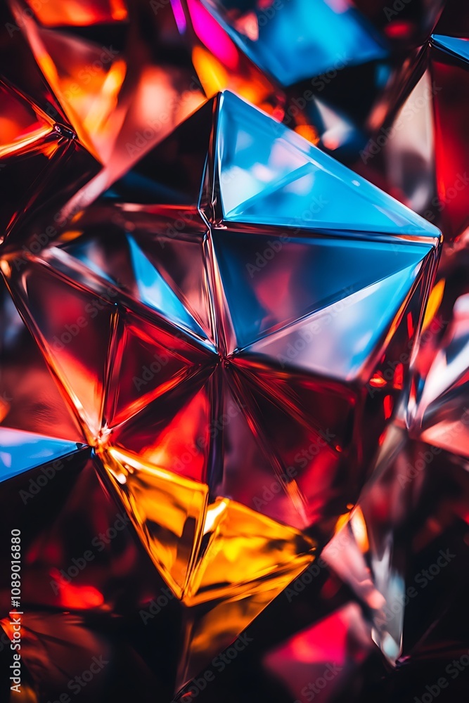Poster vibrant geometric patterns of light and color reflections in three-dimensional shapes for abstract a