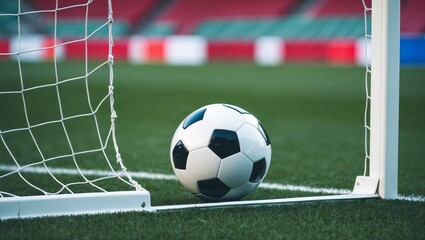 Soccer ball near the goal post on a green field