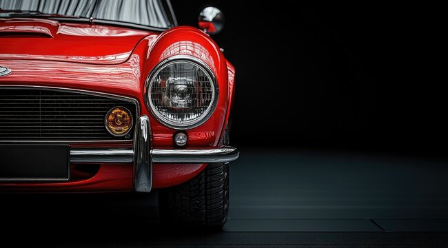 Close-up of a classic red sports car's front end, highlighting its chrome details and headlights against a dark background.