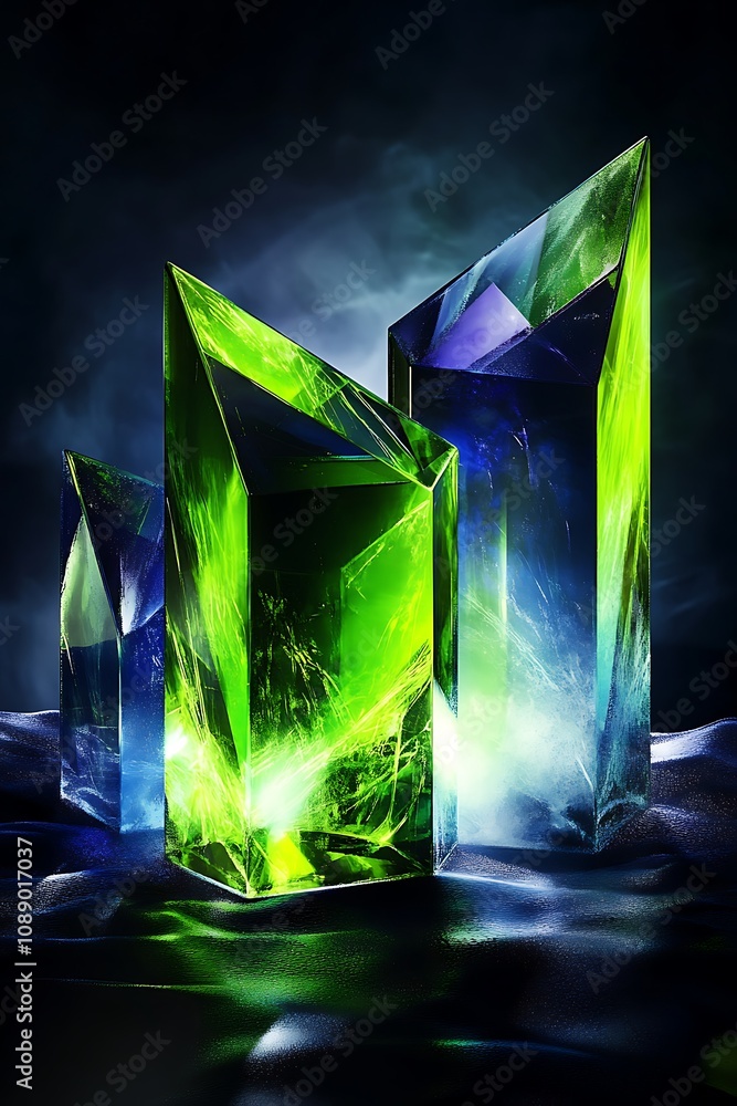 Poster vibrant green and blue crystals with sharp edges reflecting light in a mystical environment, captiva