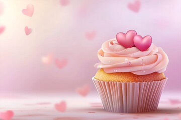 A delightful cupcake topped with swirls of pink buttercream frosting and adorned with heart-shaped decorations, surrounded by sweet sprinkles on a soft pink background, perfect for Valentine’s day.
