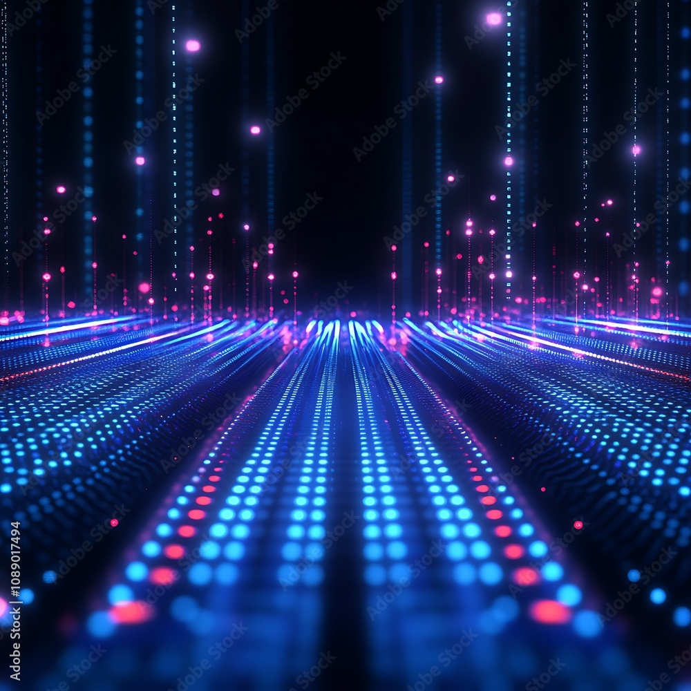 Poster vibrant neon data stream with pulsating lights and digital particles creating a futuristic and abstr