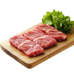 Fresh raw meat slices served with lettuce on a wooden cutting board., isolated on a transparent background.