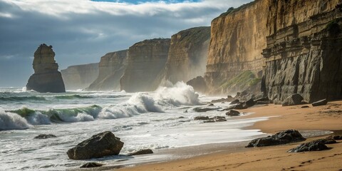 A dramatic beach with towering cliffs rocky shores and crashing waves in the foreground, ocean waves, beach scenery, crashing waves, tall cliffs