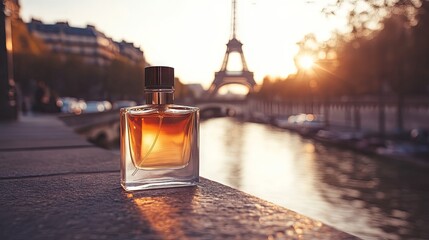 Perfume Bottle Against Eiffel Tower Sunset in Paris