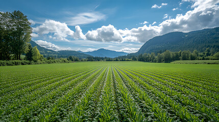 Photography of a perfectly maintained, vibrant green farmland, showcasing the intricate patterns of crop rows with a backdrop of mountains under a bright summer sky.