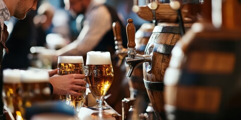 A close-up of beer steins being filled from large wooden kegs