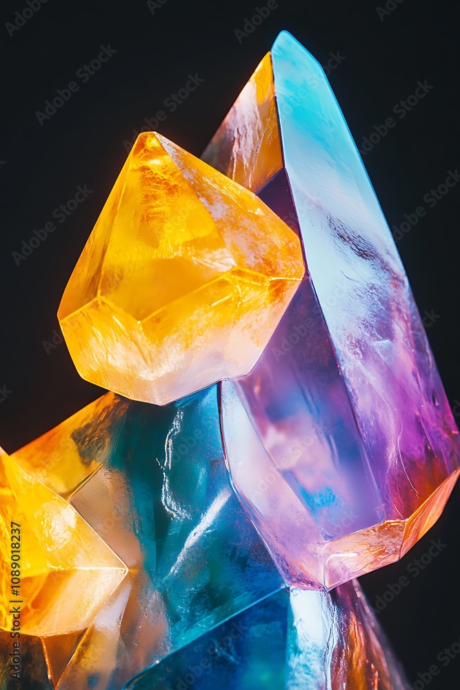 Poster vivid colorful crystals displaying a spectrum of light reflections and refractions, captured in high