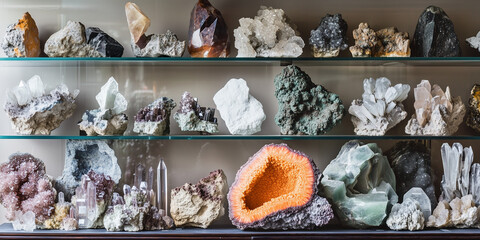 Wystawa minerałów i skał, eksponująca ich szczegółowe tekstury i różnorodność, ukazuje fascynujące bogactwo geologicznego świata w harmonijnym, uporządkowanym układzie.