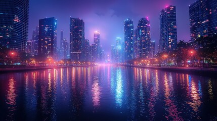 Fototapeta premium Night Cityscape Neon Lights Reflecting on Water Modern Architecture Urban Scenery