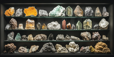Wystawa minerałów i skał, eksponująca ich szczegółowe tekstury i różnorodność, ukazuje fascynujące bogactwo geologicznego świata w harmonijnym, uporządkowanym układzie.
