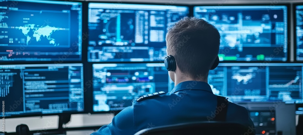 Poster flight control officer monitoring air traffic on multiple digital screens showing aviation data.