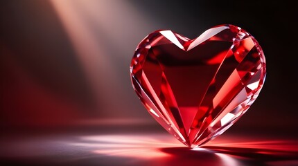 A closely framed, dramatic close-up of a radiant, pulsing red heart crafted from delicate, transparent crystal, its intricate facets and curves reflecting soft, warm ambient light that dances across i