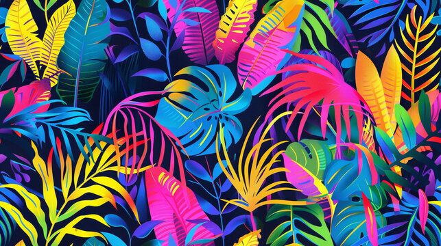 Seamless pattern tropical leaves plants vibrant colorful neon nightlife vibe