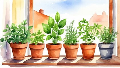 Watercolor potted herbs on windowsill with sunny view